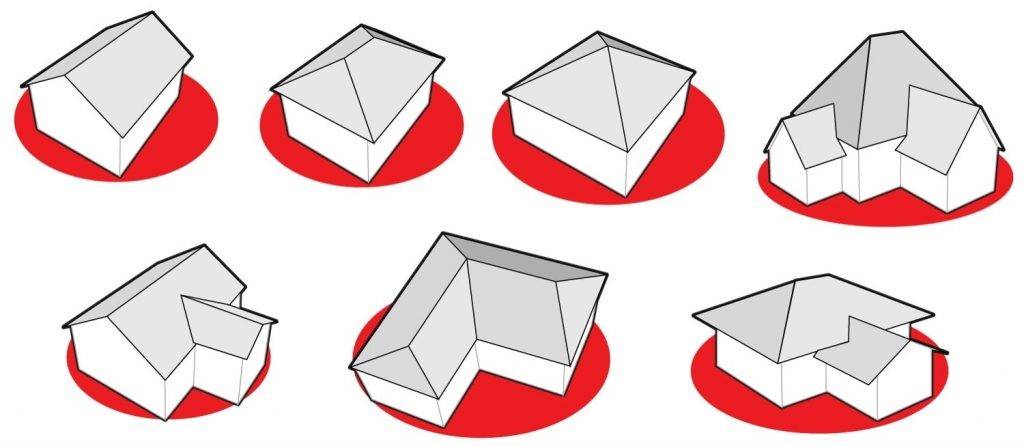 image of gable roof, hip roof, pyramid hip roof, hip and valley roof, intersecting roof and winged gable roof